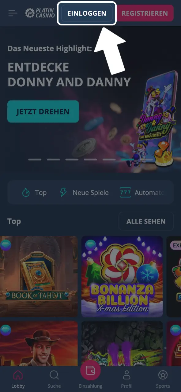 Platin Casino App öffnen und auf Login tippen.