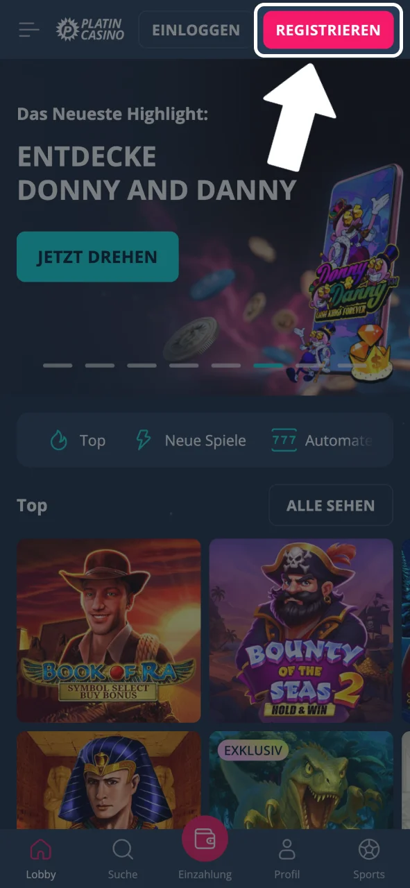 Platin Casino Registrierung starten und Anmeldemethode festlegen.