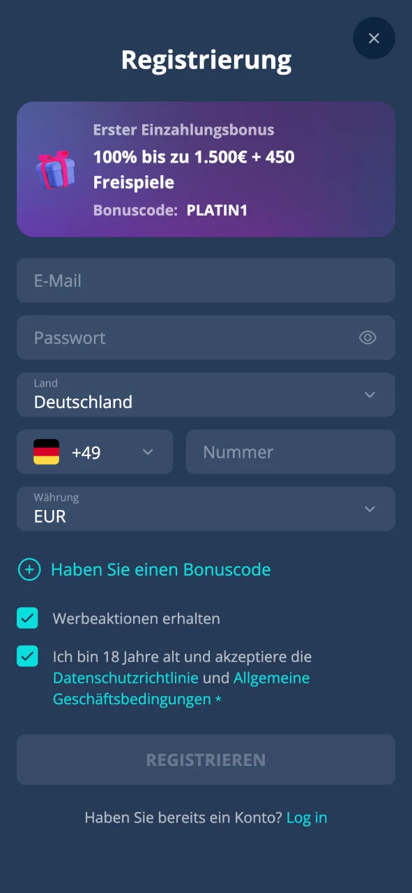 Platin Casino Anmeldung nutzen und Zugriff erhalten.