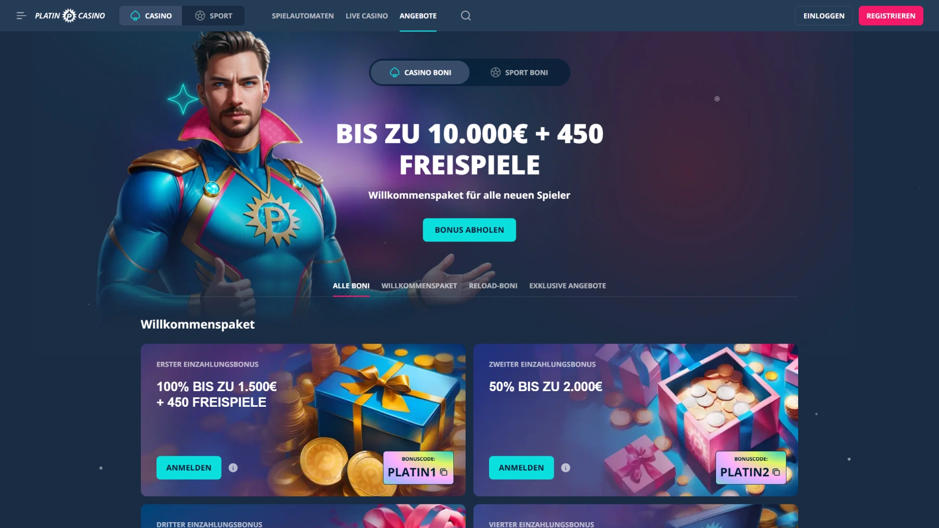 Schnapp dir das umfangreiche Willkommenspaket und starte dein Abenteuer im Platin Casino.
