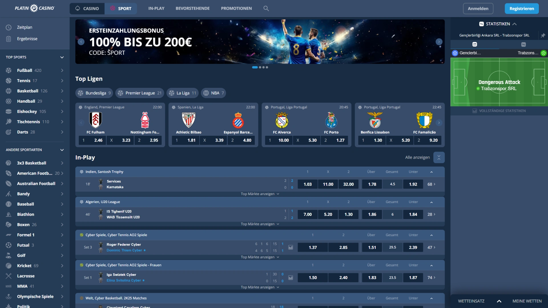 Platziere deine Wetten auf die besten Ligen im übersichtlichen Sportbereich von Platin Casino.