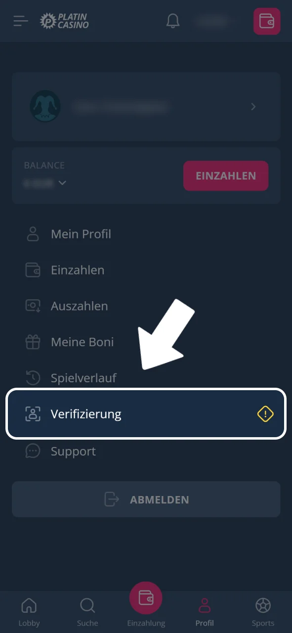 Rufe in deinem Konto den Bereich Verifizierung (KYC) bei Platin Casino auf.