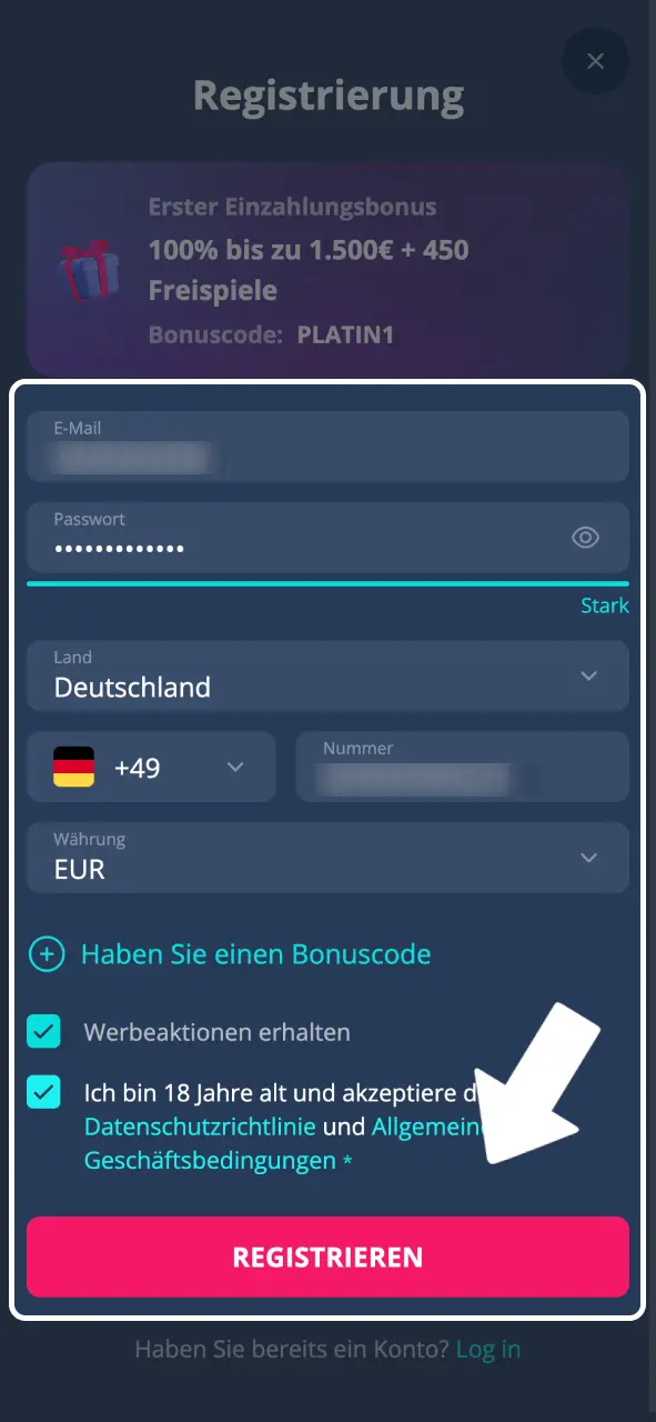Jetzt bei Platin Casino anmelden und Daten eingeben.