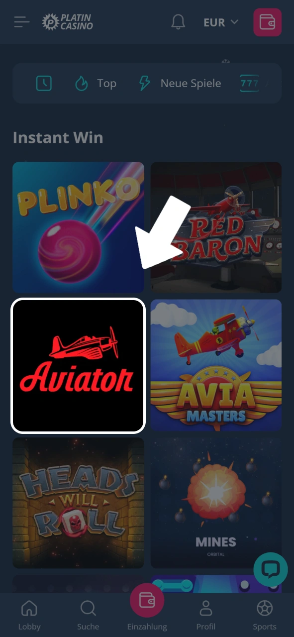 Suche das Aviator Spiel in der Liste und lege im Platin Casino los.