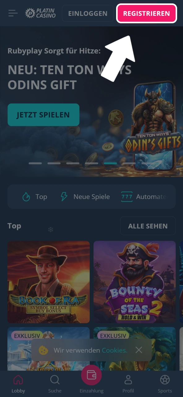 Klicke oben auf Registrieren und erstelle in Sekunden dein Konto bei Platin Casino.