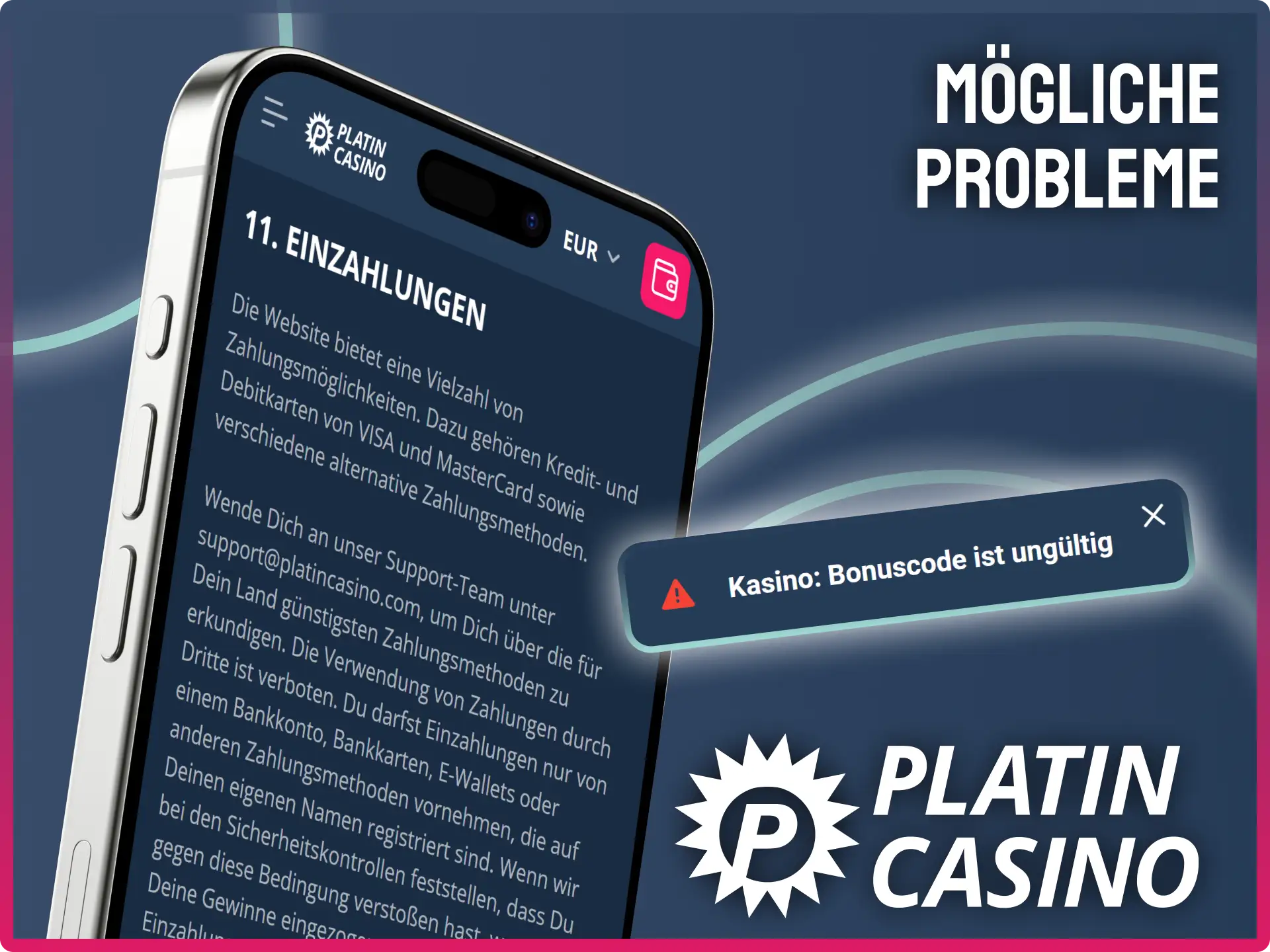 Prüfe deine Eingaben bei Fehlermeldungen wie ungültigen Bonuscodes im Platin Casino.