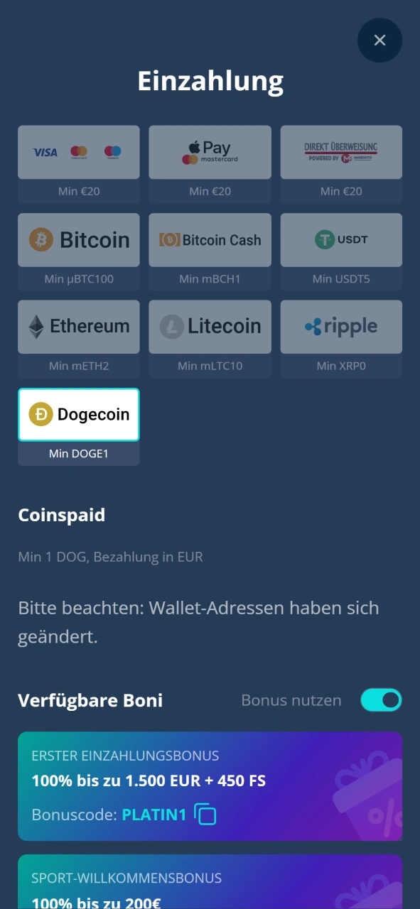 Wähle deine bevorzugte Zahlungsmethode und gehe weiter zum nächsten Schritt im Platin Casino.