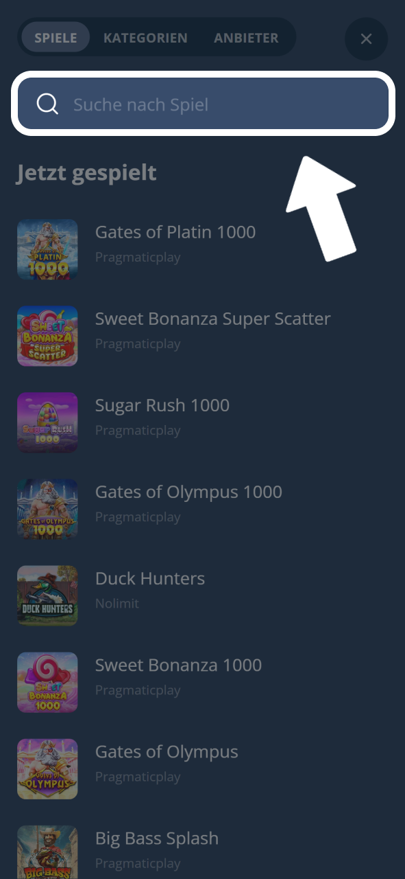 Suche gezielt nach deinem Lieblingsspiel über die Suchleiste im Platin Casino.