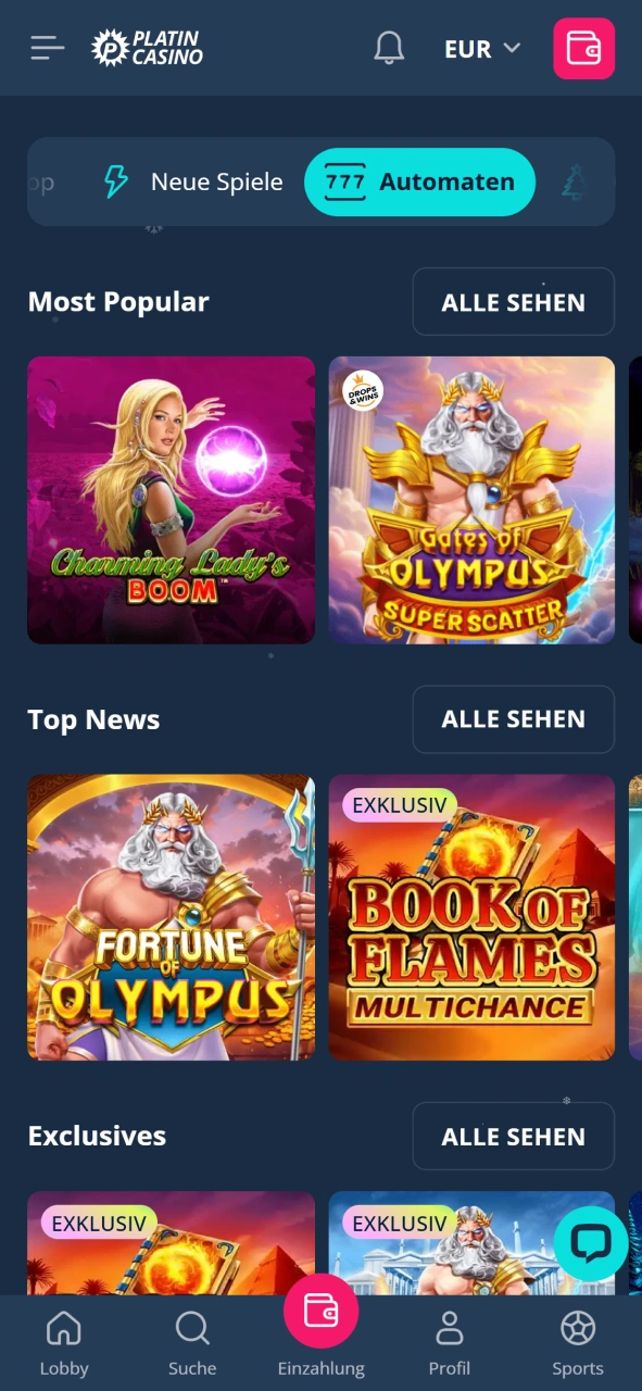 Entdecke die riesige Auswahl an Automaten in der Lobby von Platin Casino.