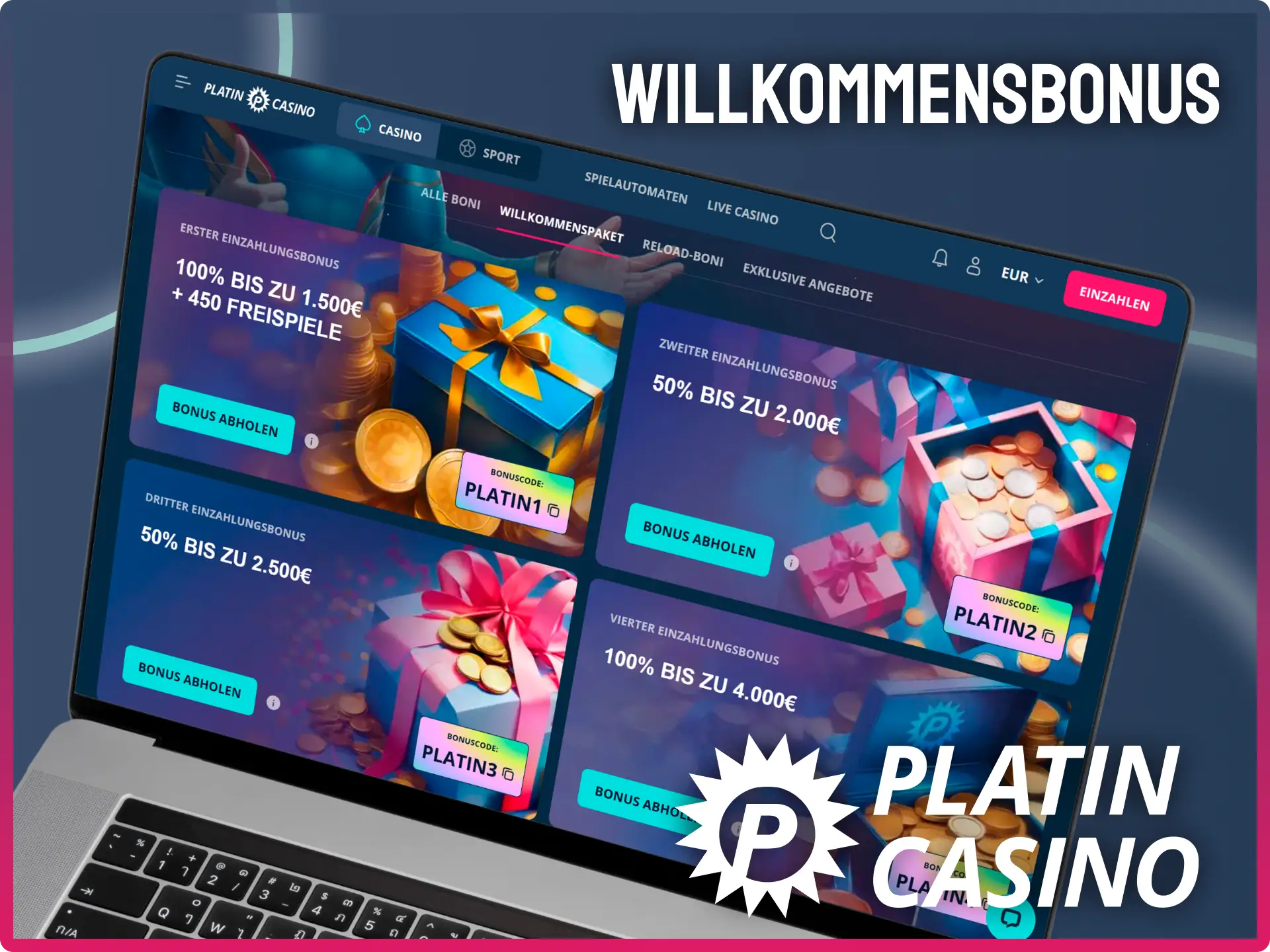 Aktiviere dein komplettes Willkommenspaket für Spielautomaten im Platin Casino.