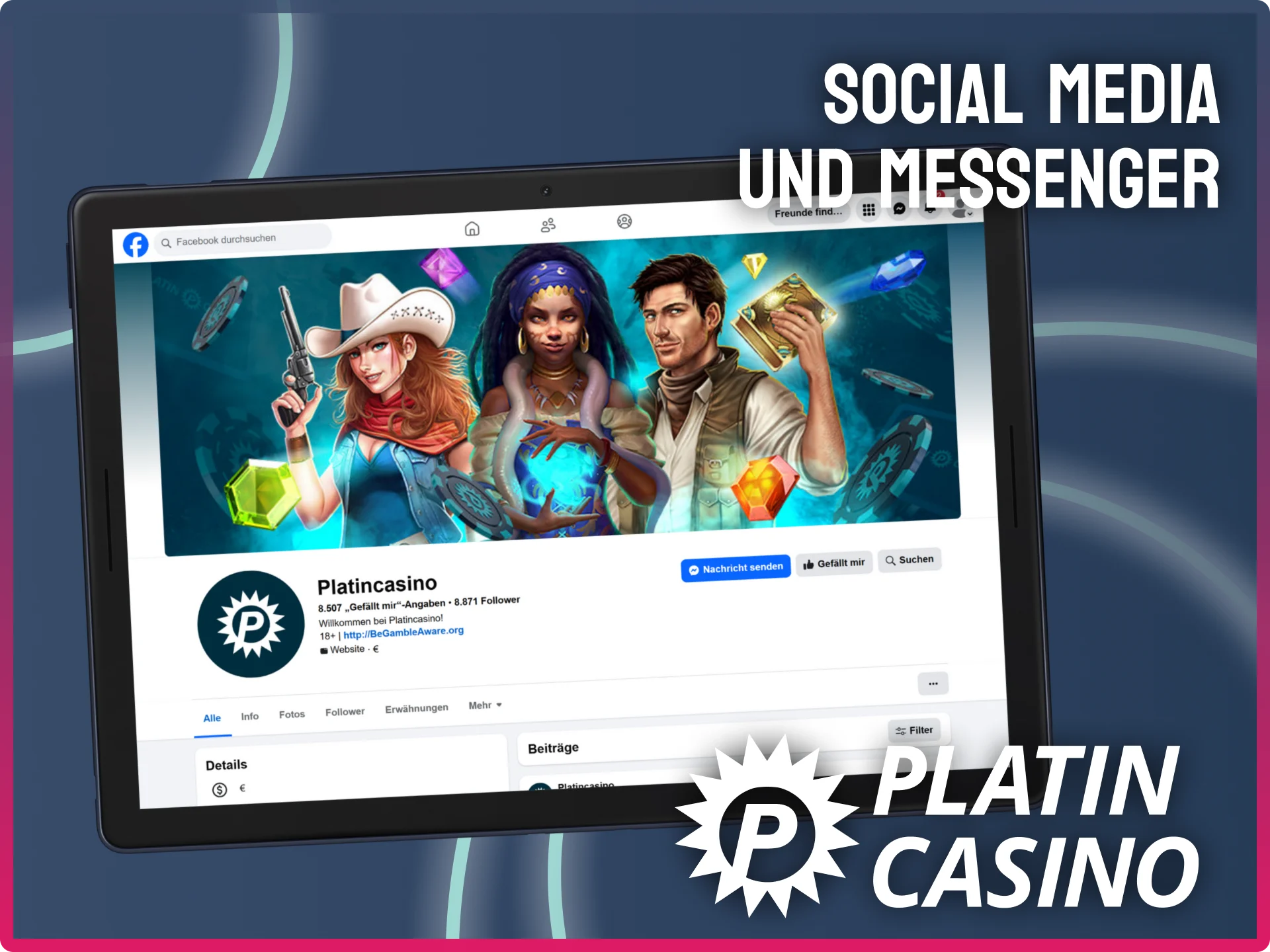 Folge Platin Casino auf Social Media Kanälen wie Facebook für aktuelle Neuigkeiten.