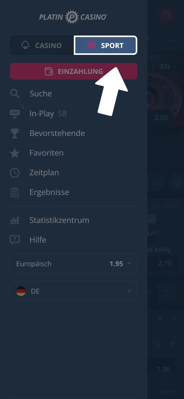 Öffne das Menü und wechsle in den Sport-Bereich von Platin Casino.