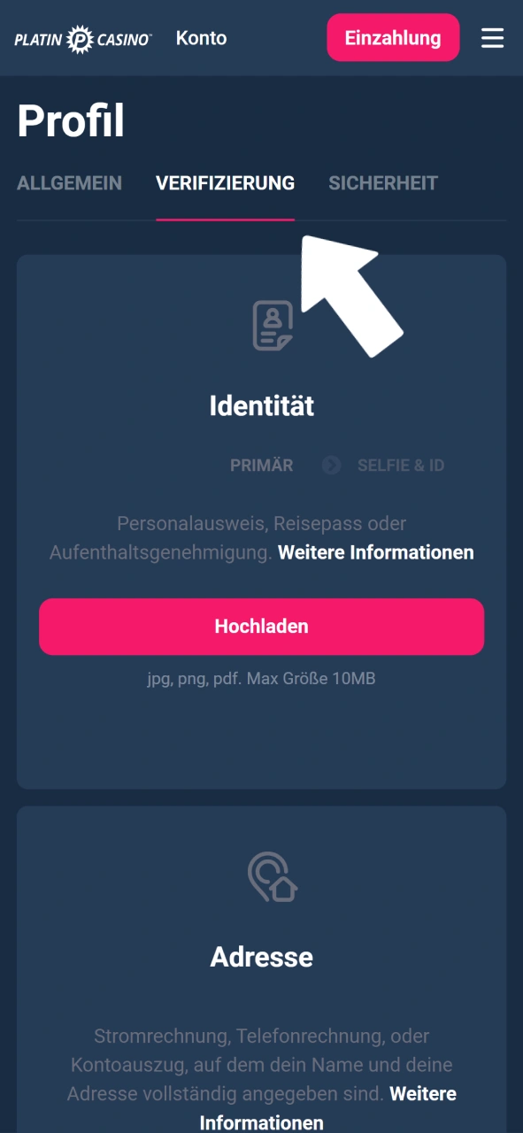 Verifiziere deine Identität schnell und einfach im Profilbereich von Platin Casino.