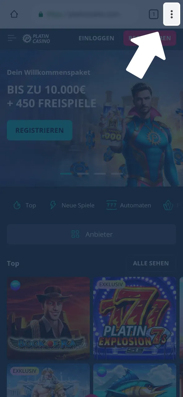 Rufe Browser Menü auf Platincasino auf und wähle Installationsoption.