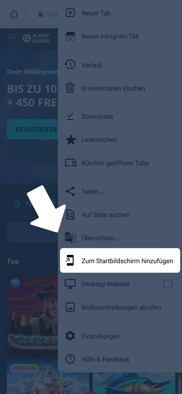 Wähle zum Startbildschirm hinzufügen bei Platincasino für schnellen Zugriff.
