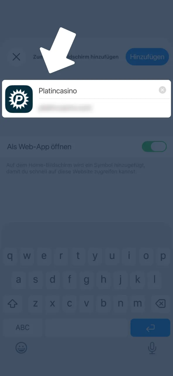 Bestätige Namen der Platincasino App und speichere Verknüpfung.