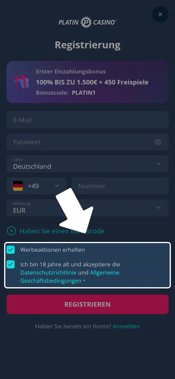 Bestätige Bedingungen bei Platincasino und schließe Registrierung ab.