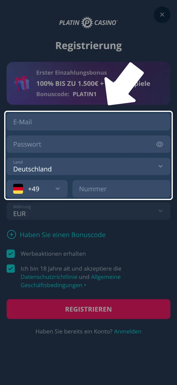 Gib persönliche Daten bei Platincasino ein und fahre fort.
