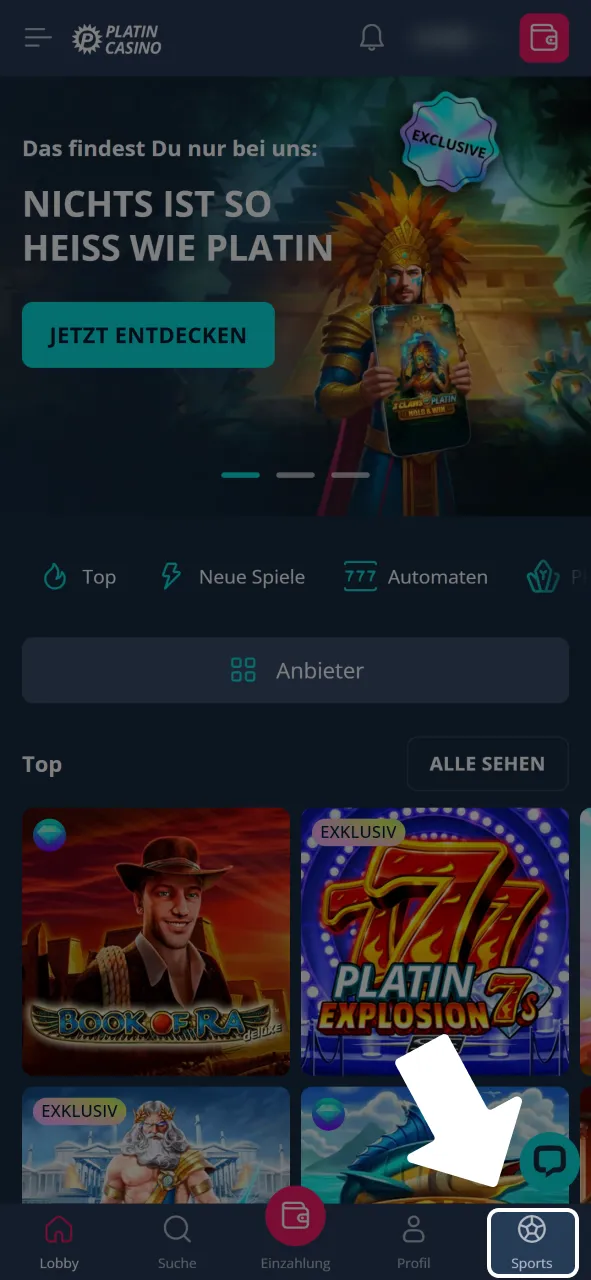 Öffne Sportbereich in Platincasino App und platziere deine Wetten.
