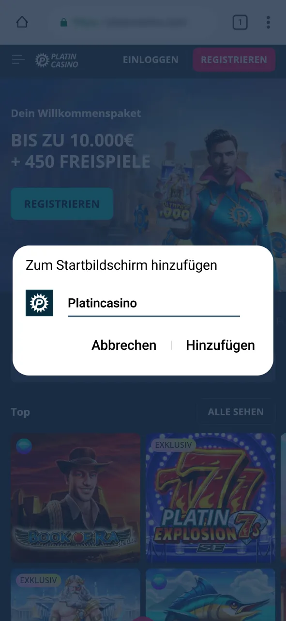 Bestätige Installation von Aviator bei Platincasino und starte Spiel.