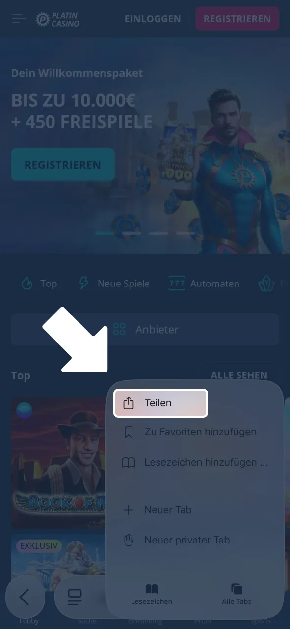 Wähle Teilen Menü für Aviator bei Platincasino und setze fort.