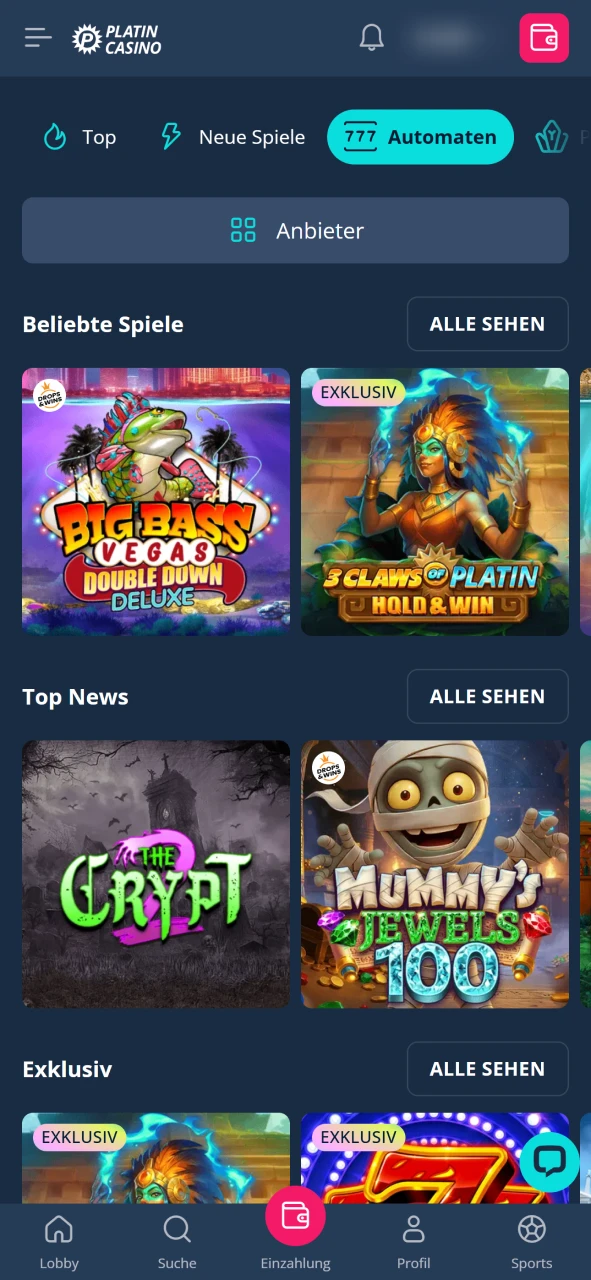 Wähle Slots Kategorie bei Platincasino und entdecke neue Spiele.