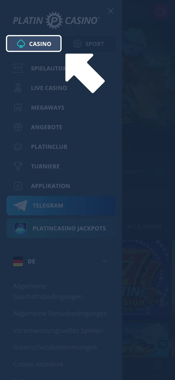 Öffne Casino Bereich bei Platincasino und finde passende Slots.
