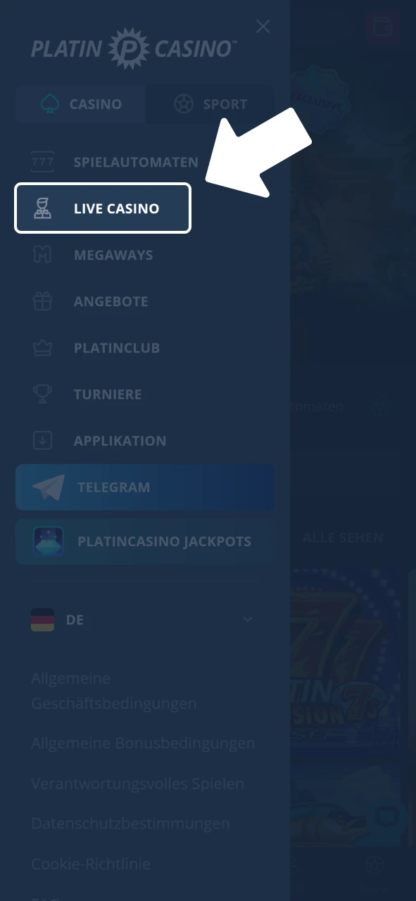 Wähle Live Casino bei Platincasino und beginne sofort zu spielen.