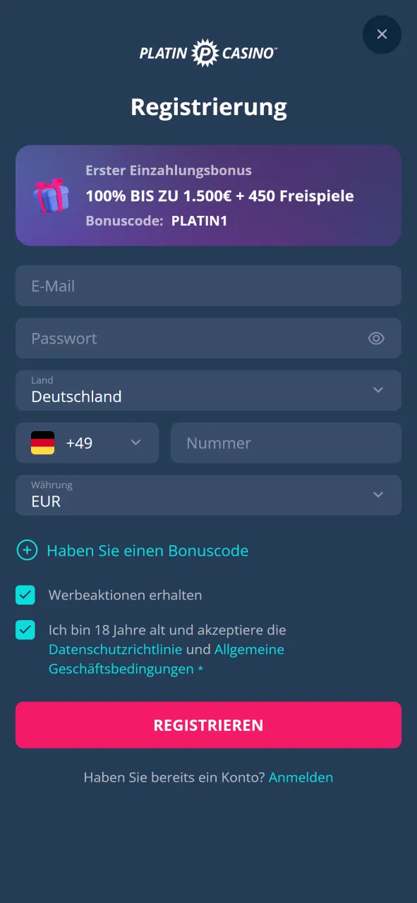 Registriere dich oder logge dich bei Platincasino für Verifizierung ein.