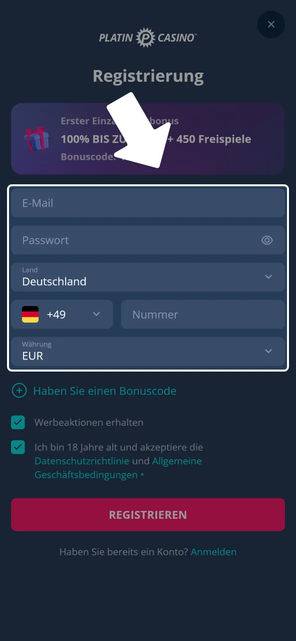 Gib Daten in Platincasino App ein und beginne Registrierung.