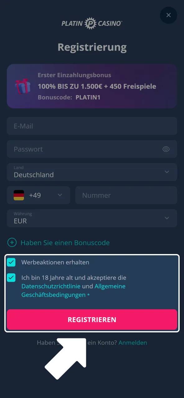 Erstelle Konto bei Platincasino und greife auf alle Funktionen zu.