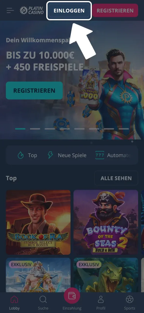 Finde Einloggen Button bei Platincasino und öffne Login Seite.