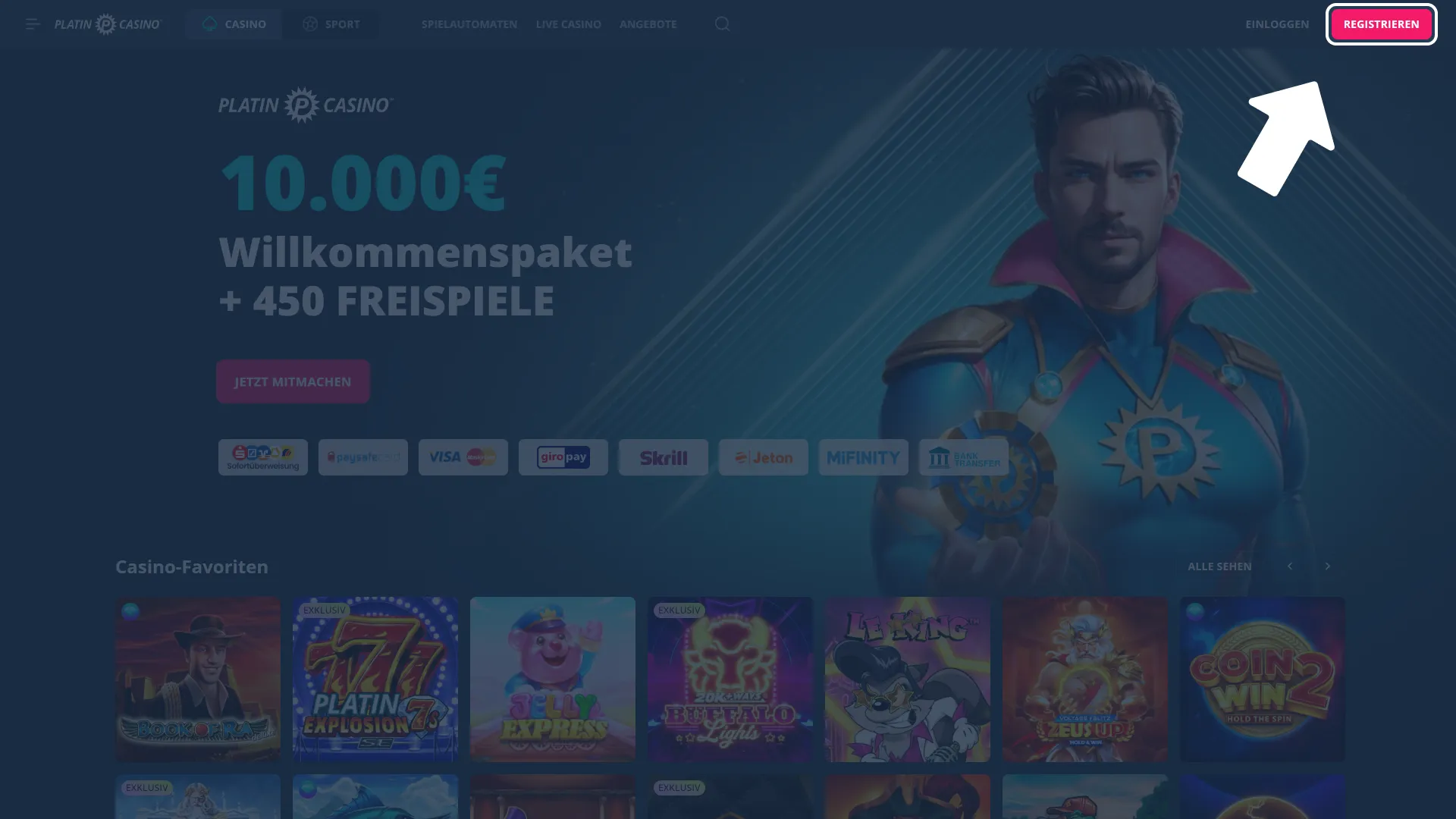 Finde Registrieren Button bei Platincasino und starte den Anmeldeprozess.