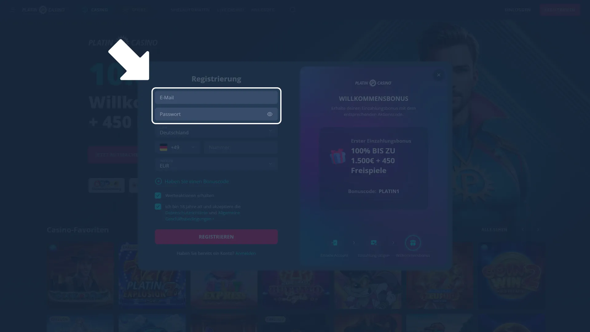 Gib E-Mail und Passwort bei Platincasino ein und sichere Zugang.