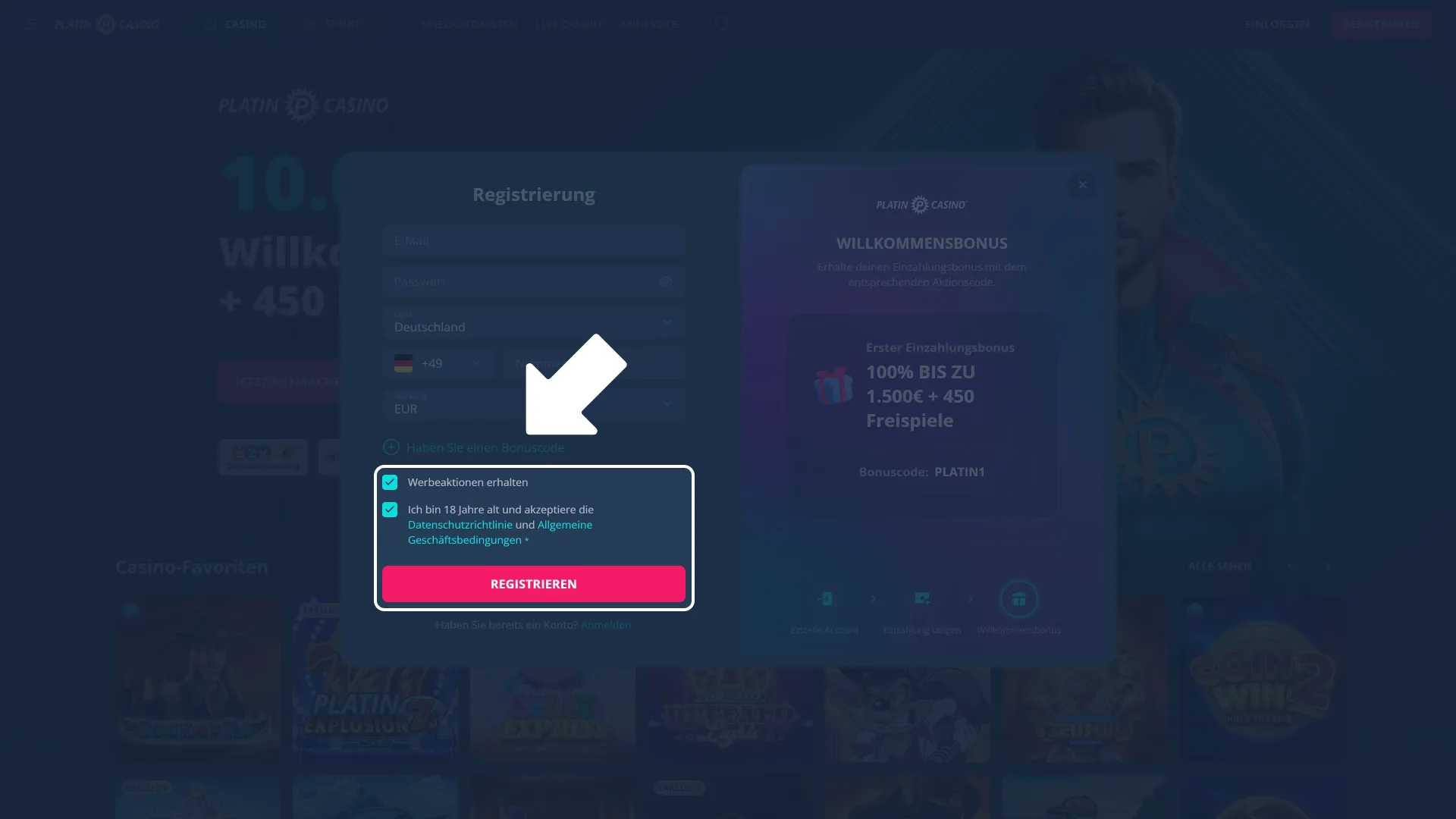 Bestätige Bedingungen bei Platincasino und erstelle dein Konto sofort.