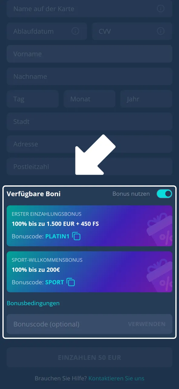 Gib Bonuscode bei Platincasino ein und aktiviere dein Angebot.