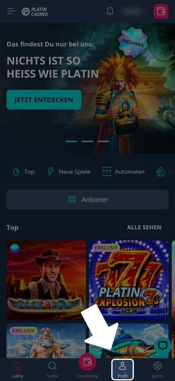 Öffne den Profilbereich bei Platincasino, um den Auszahlungsprozess zu starten.